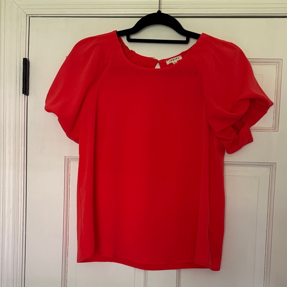 Vibrant Orange-Red Puff Sleeve Blouse